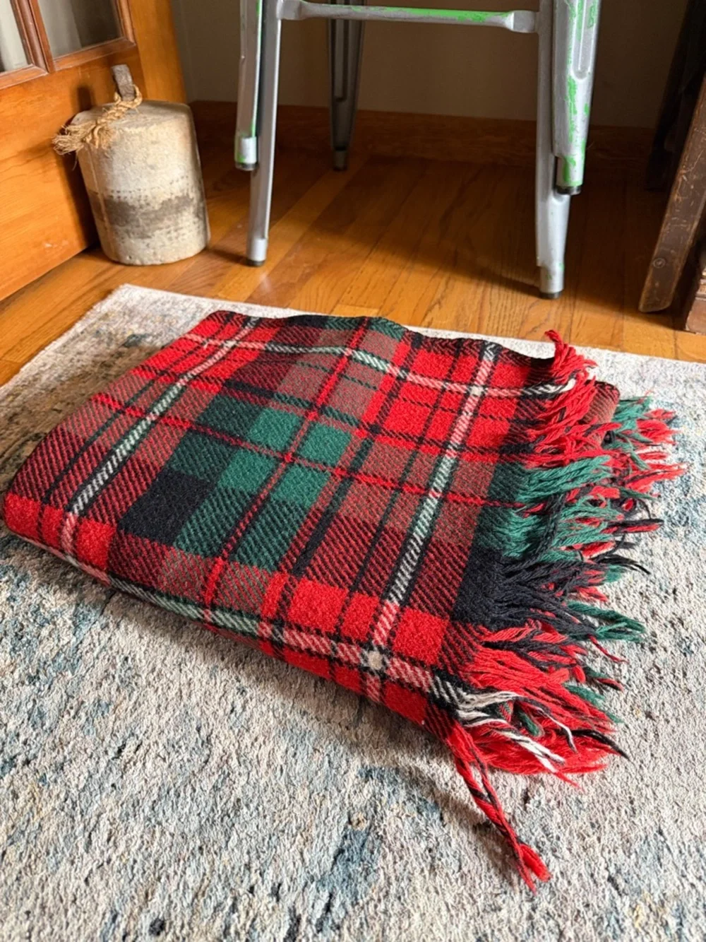 Vintage Wool Red Green Plaid Throw Blanket